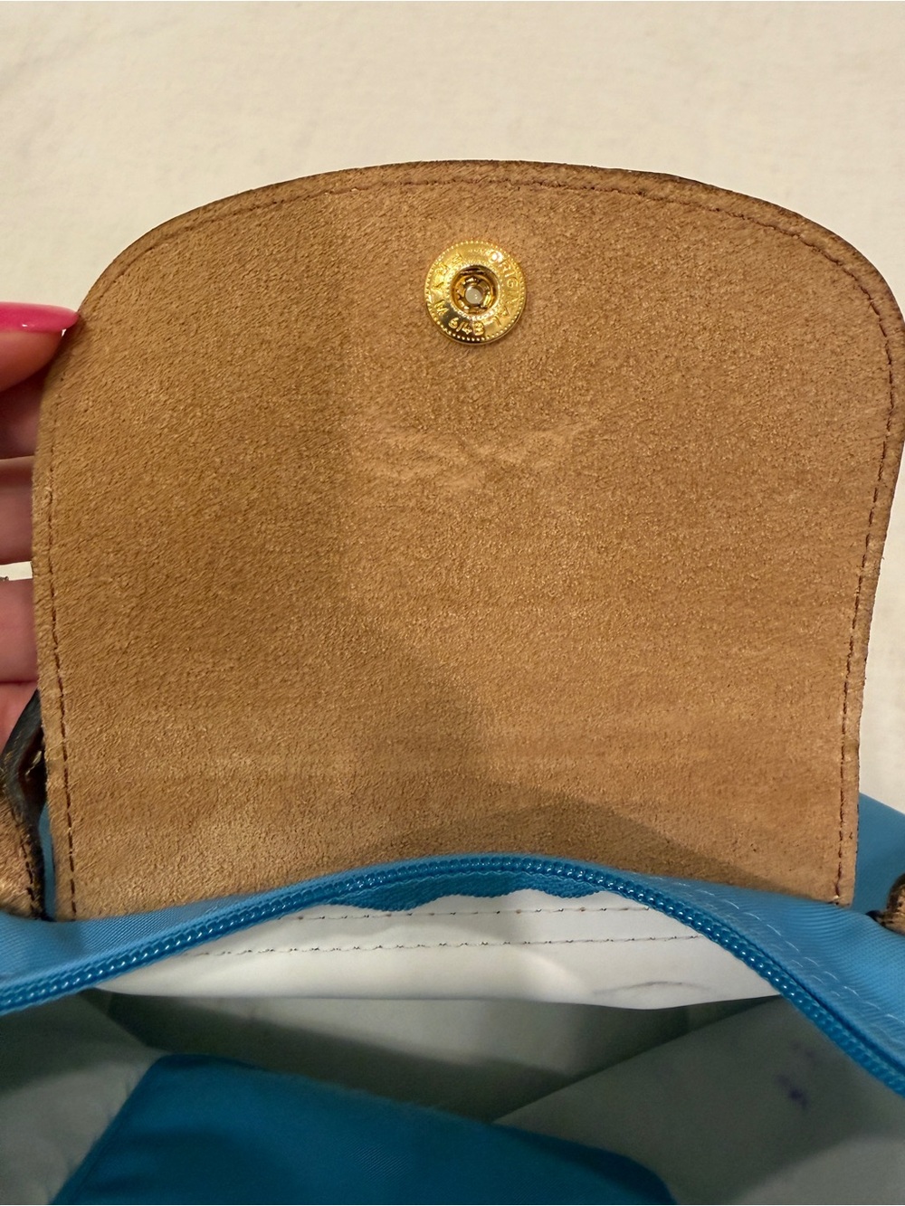 Longchamp Le Pliage S Blue Nylon Satchel with Brown Leather Trim - Picture 8 of 13